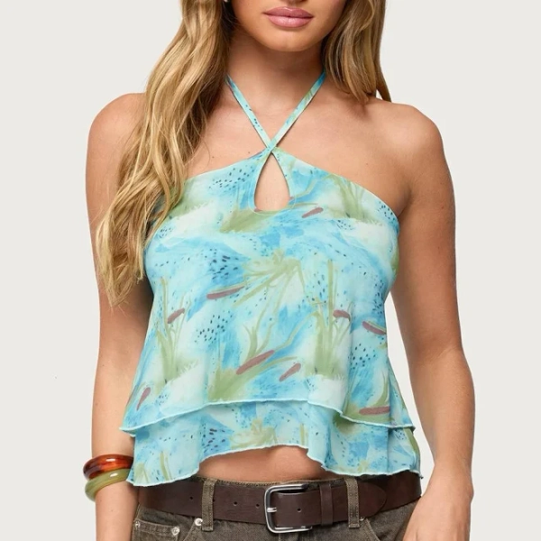 MIX Edikted Women's Dragon Lily Layered Chiffon Halter Top