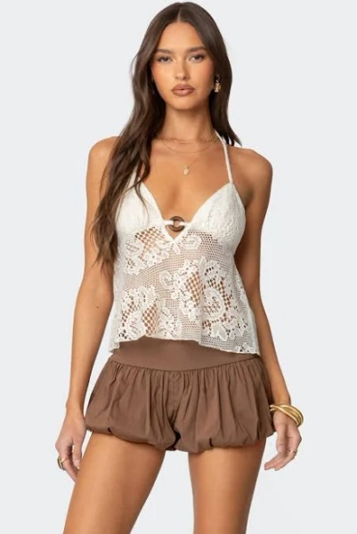Edikted Women's Sheer Crochet Babydoll Halter Top