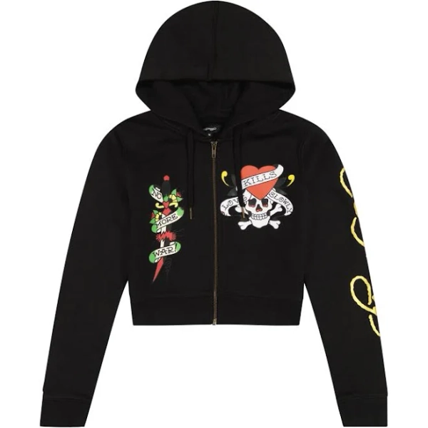 Ed Hardy LKS Skull Black Zip Front Cropped Hoodie