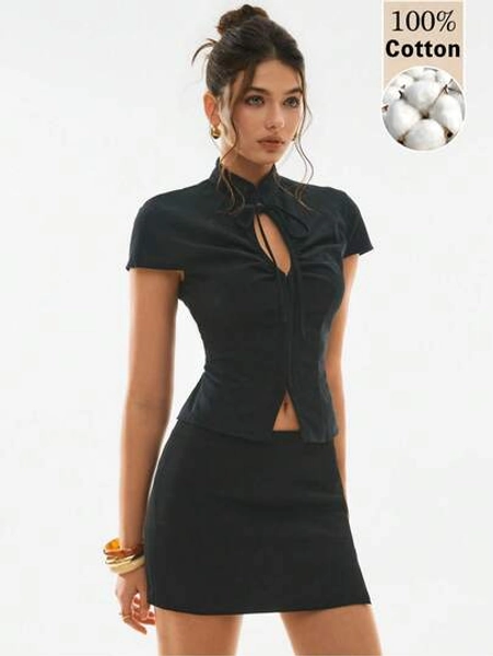 Poéselle Black Cotton Mandarin Collar Tie Neck Shirt, Elegant Short Sleeve Cheongsam Top, Summer & Spring Casual Blouse For Women,100%Cotton,Women's Black Casual Fitted Short Sleeve Top,French-Style Top - Size S