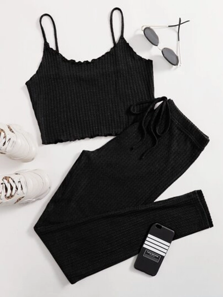 SHEIN EZwear Lettuce Edge Waffle Knit Cami Top & Leggings Set