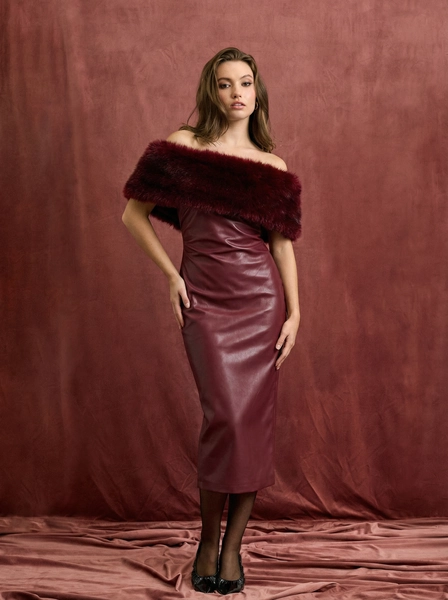 Faux Leather Bandeau Ruched Split Maxi Bobycon Dress With Faux Fur Shrug