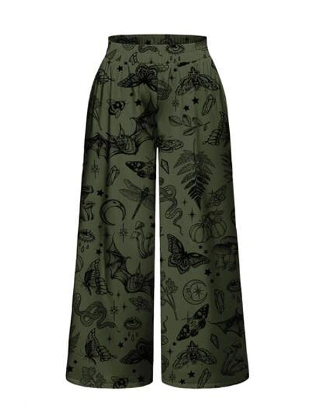 Plus Size Gothic Horror Dark Forest Skull, Bat, Moth, Halloween Green & Black Print Snake Star Loose Wide Leg Pants, All Over Print
