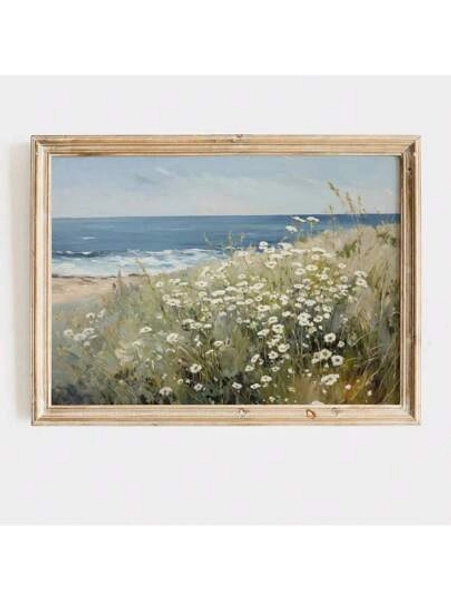 1pc Unframed/Framed Vintage Summer Floral Coastal Sea Beach Rustic Poster Wall Art Canvas Print Minimalist Wildflower Landscape Cottage Farmhouse Decor Retro Painting For Apartment,Living Room,Bedroom,Modern Home Decoration