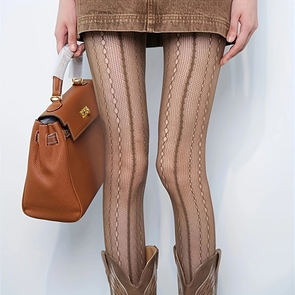 Women'S Sexy Retro Hollow Lace Fishnet Pantyhose - Vertical Jacquard Design, Coffee Brown, Stretchy & Comfortable, Hand Wash/Dry Clean, Elegant Sheer Stockings for Fashionable Outfits, Versatile Clothing | Sophisticated Style | Durable Fabric, Stockings for Women