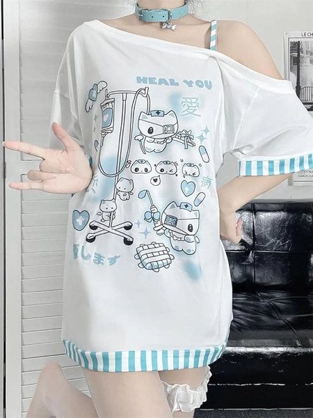 病み　かわいい　サブカル　服　Tシャツ　肩出し　紐