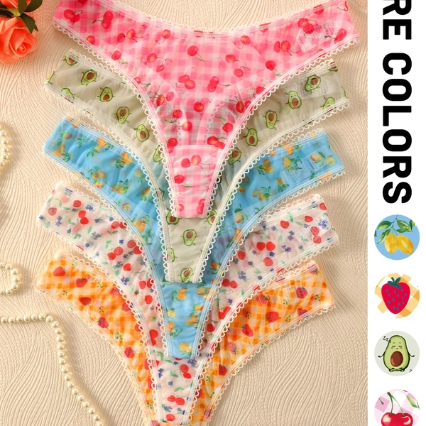 4/5pcs Set Valentine'S Day Sexy Women'S Underwear, Fruit Pattern Mesh Fabric Design, Lightweight Breathable Semi-Transparent Women'S Thong