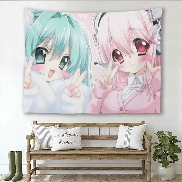 1pc Super Sonico & Green Hair Anime Girl Tapestry, Kawaii Chibi Wall Hanging for Bedroom, Otaku & Pastel Room Decor - AliExpress 15