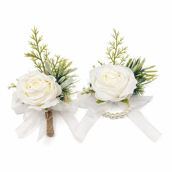 Kabuer Ivory Rose Wrist Corsage and Matching Boutonniere Set for Wedding and Prom Flower Accessories - Walmart.com