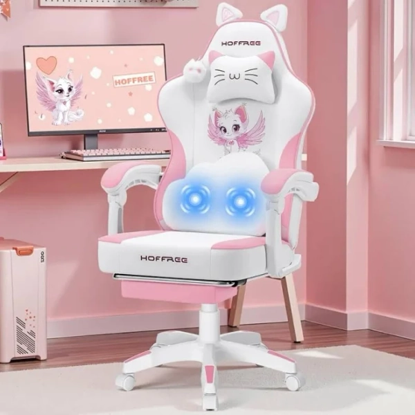 Pink Gaming Chair with Cat Ears and Cloud Massage Lumbar Ergonomic Cute Computer Chair for Girls