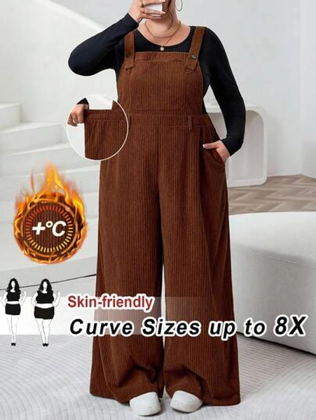 SHEIN CURVE+ Plus Size Women Brown Ribbed Fabric Jumpsuit, Autumn/Winter Thanksgiving