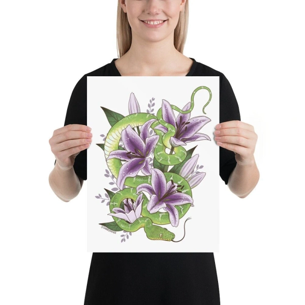 PRINT Emerald Tree Boa and Stargazer Lilies Snake Reptile Art