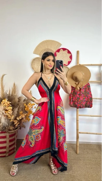 Vestido Indiano Longo Boho Costas Nadador com Alcinha, Toque de Seda - Hazel
