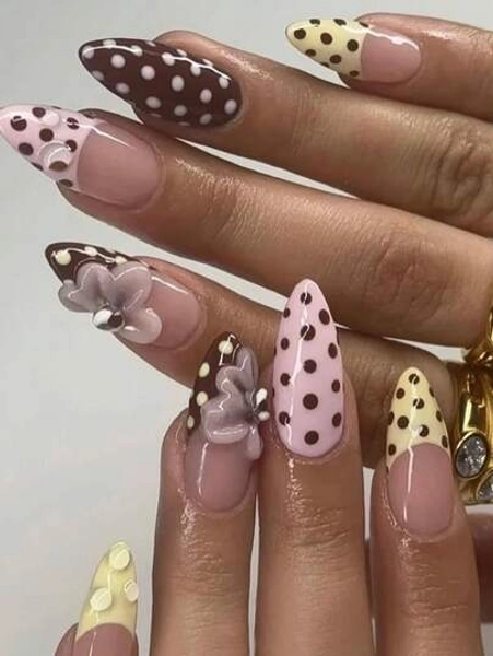 Pure Handmade Nails 3D Nails Polka Dot Nails Brown Nails Autumn Nails Fall Nails 3D Flower Nails Press On Nails 3D Floral Nails 10Pcs Fake Nails For Women Girls Daily Wear