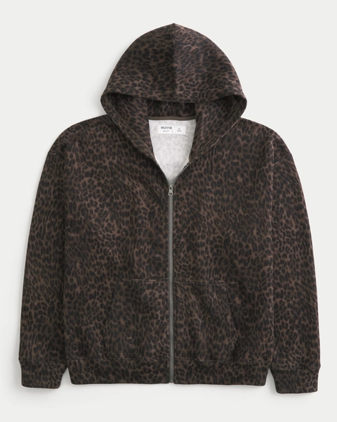 Kastiger Hoodie mit Leopardendruck und Reißverschluss