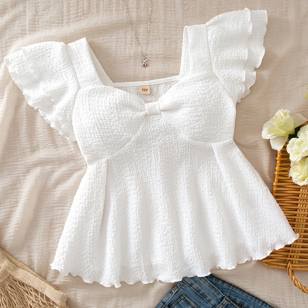 Clothing Length Measurement: Vertical from Shoulder Point to Longest Part of Front Hem. 13-16Y-girls Youth - Spring/Summer Cool Top, Square Neck with Bow, Ruffle Hem, Textured Waist, Short Sleeve Top, for Teenager