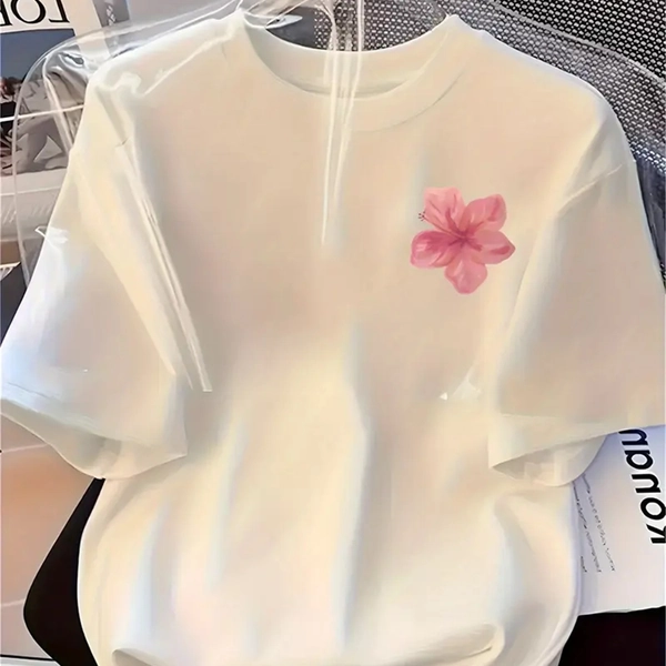 Cute Round Neck Short Sleeve Sweatshirt - White with Pink Floral Print, A-Line Casual Pullover for Spring Summer Fall, Hand Wash or Dry Clean