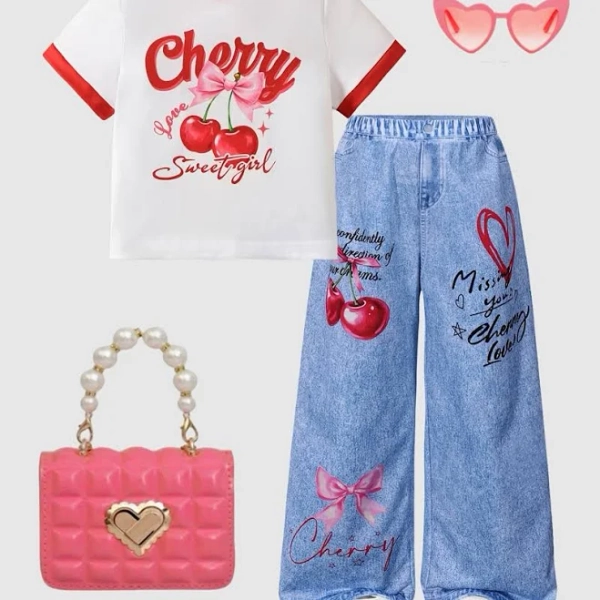 Kids clothes girls outfits for girls 2pcs girls' Cherry/Bow/Heart Print Wide-Leg Pants & Matching Short-Sleeve