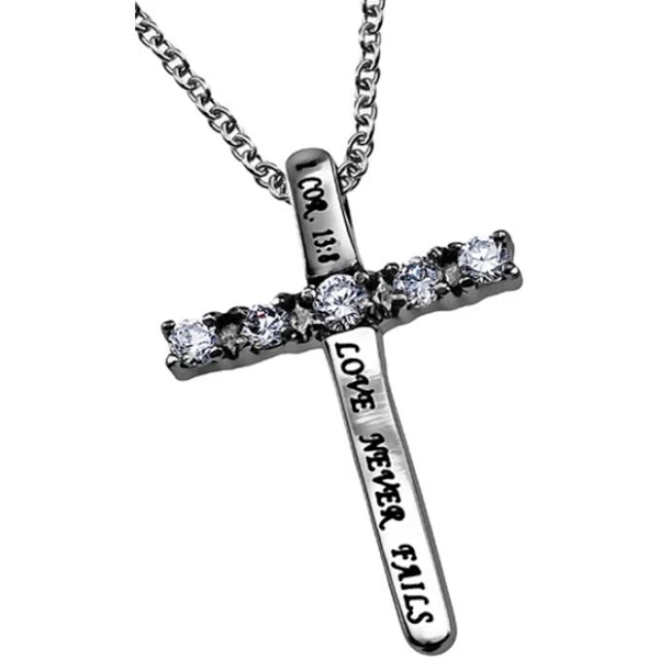 Love Never Fails Cross Necklace with Bible Verse