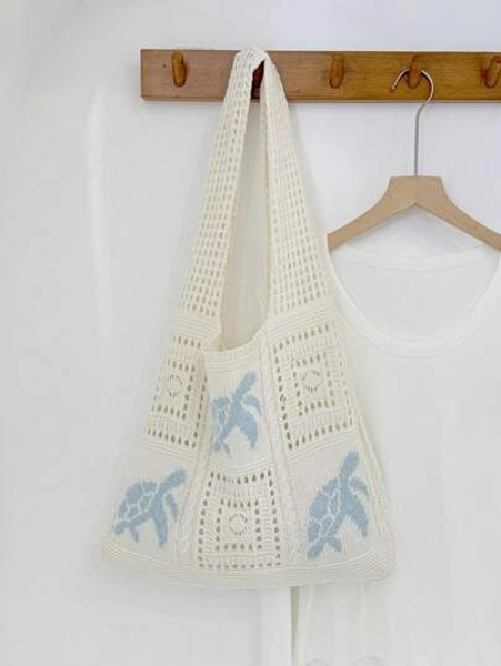 Summer New Style Lady Daily Use Lightweight Tote Bags Sea Turtle Pattern Hollowed Out Knitted Crochet Beach Shopping Bags,Summer Bag,Holiday,Vacation, Perfectly Matching With Crochet Set
