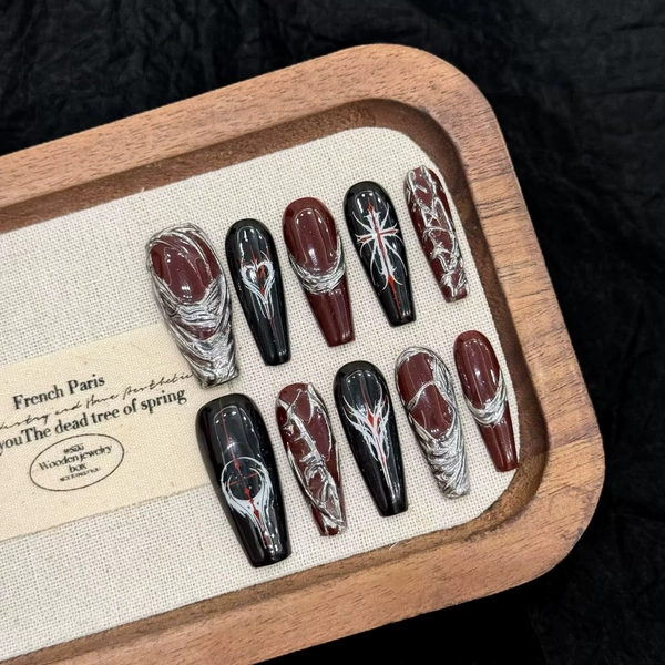 Handmade Press on Nails Dark Gothic Y2K False Nails Wearable Silver Stripe Decor Long Almond Spice Girls Wine Red Fake Nail Tips