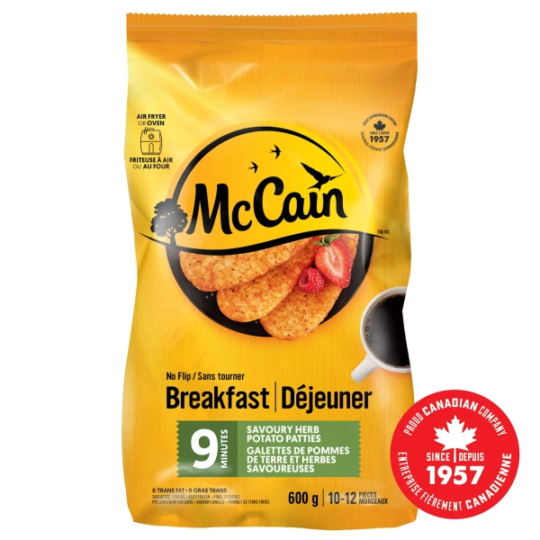 McCain® 9 Minute No Flip Savoury Herb Potato Patties, Made in Canada from domestic and imported ingredients, 12 Pack, 600g
