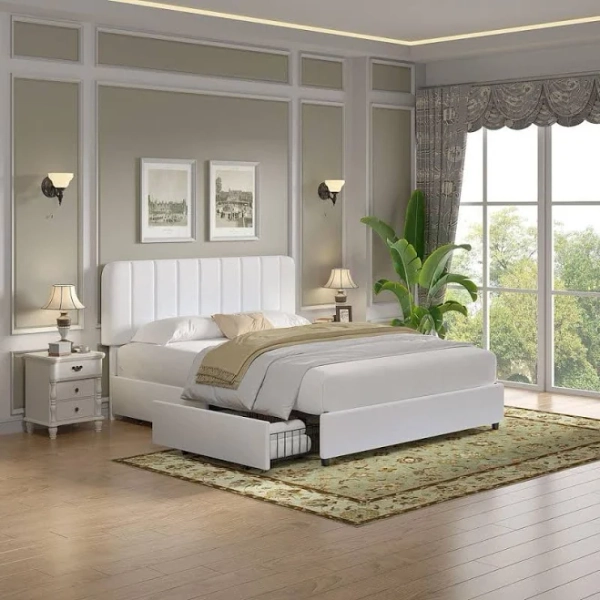 VECELO Upholstered Bed White Metal Frame Size Platform Bed with 4-Storage Drawers and Headboard