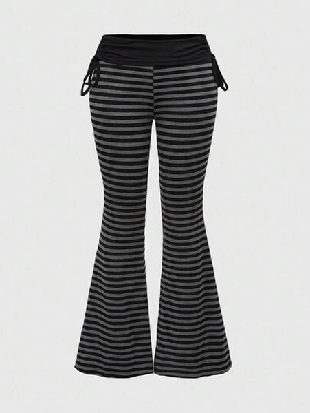 ROMWE Grunge Punk Plus Size Women Punk Style Striped Drawstring Flare Pants