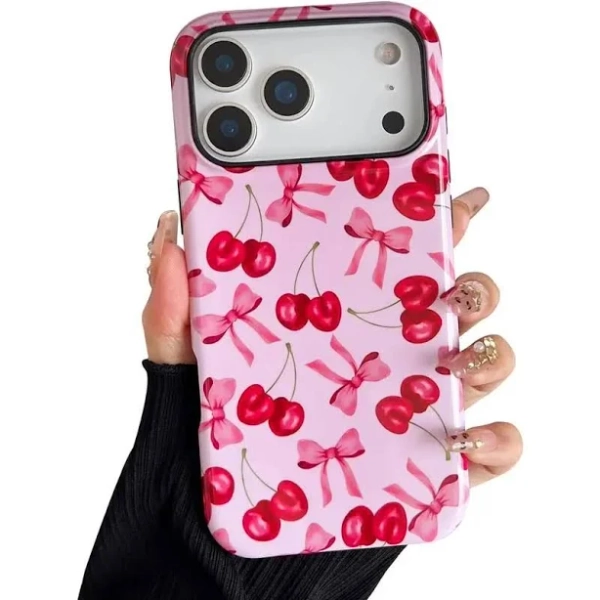 Suitable for IPhone 17 Pro Max Case, Cute Pink Cherry Bow Pattern with Shockproof Slim Soft TPU and Hard PC Protective Cover for Women Suitable for