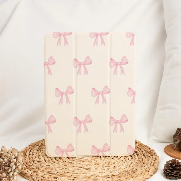 Cute Pink Bows Simple iPad Case With Pencil Holder for 2024 Air 6 Air 4/5 iPad 10 10.9" 7/8/9 10.2" iPad Pro 11"12.9''13"