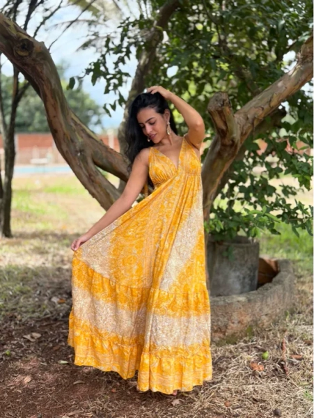 Vestido em Seda Indiana - Safira (com detalhes dourados)