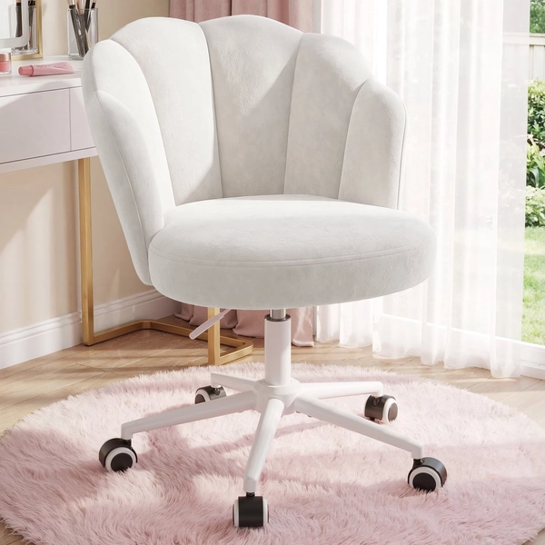 Romorgniz Velvet Vanity Chair with Petal Backrest Height Adjustable Desk Chair with Wheels Seashell Makeup Chair for Bedroom, White - Walmart.com