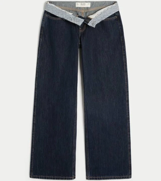 Hollister Women's Low-Rise Dark Wash Foldover Waist Baggy Jeans