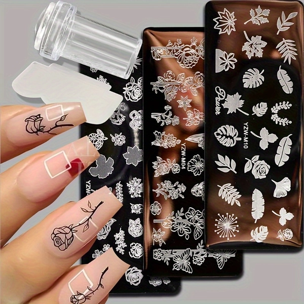3pcs Nail Art Stamping Kit, Full Cover Flower, Leaf, Butterfly, Rose Patterns, DIY Nail Art Print Templates
