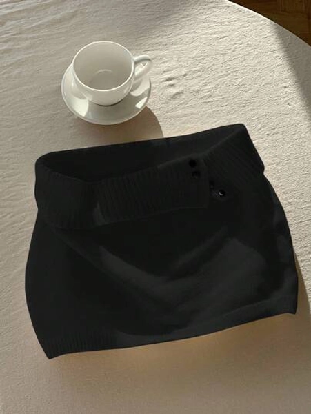 Comfortcana Women's Solid Color Foldable Waist Fashionable Sweater Skirt Black Skirt Mini Low Waisted Skirt Autumn Winter Clothes For Women