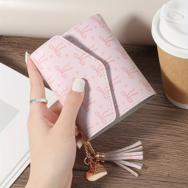 Chic Pink Wallet with Heart-Shaped Tassel, Double Fold Design, Multiple Card Slots & ID Window - Ideal for Travel, & Everyday Us