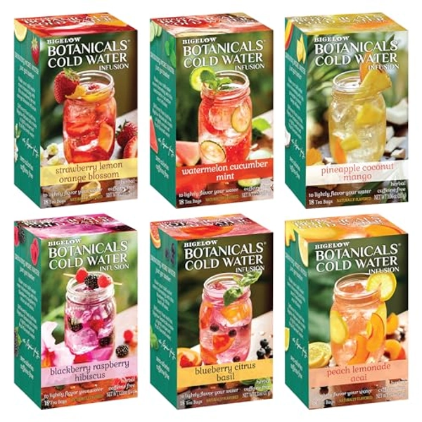 Bigelow Botanicals Cold Water Infusion Herbal Variety Pack, Caffeine Free Tea with Cranberry, Watermelon, Blackberry, Strawberry, Peach & Blueberry Flavor, 18 Count Box (Pack of 6), 108 Total Tea Bags