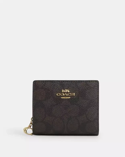 Gold/Walnut/Black Snap Wallet In Signature Canvas
