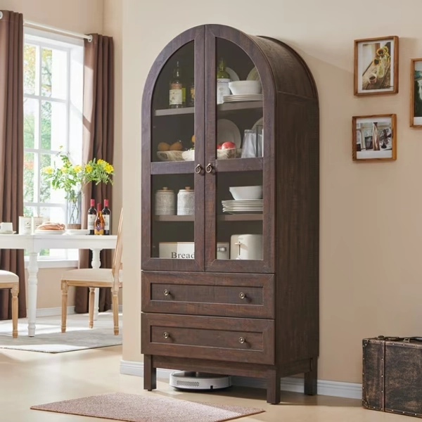 SinCiDo Arched Kitchen Pantry Storage Cabinet, 71" Tall Wood Pantry Shelves with 2 Doors & 2 Large Drawers for Dining Room Living Room
