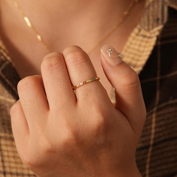 Fav Rainbow CZ Ring: 18K Gold Plated Copper Band
