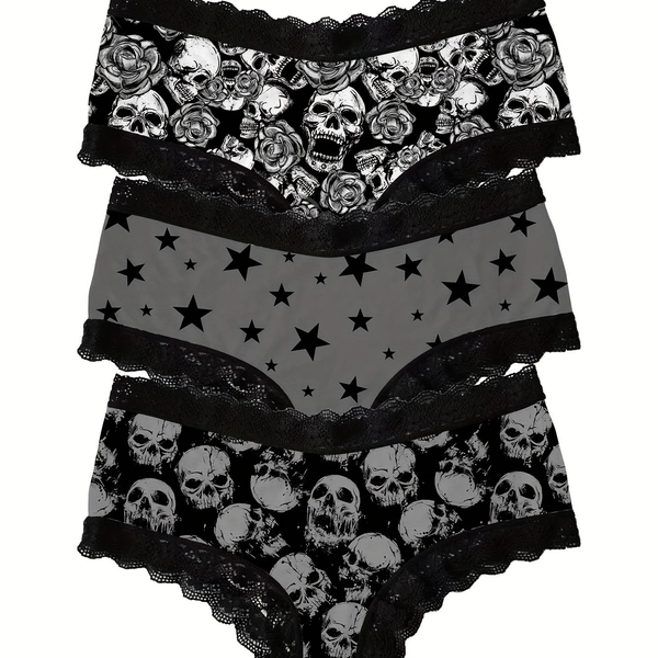 3pcs Women's Gothic Lace Underwear - Full-Body Star & Skull Print Briefs with Milk Panel & Mid-Rise, Romantic Gothic Style, Machine Washable for Casual Attire or Themed Events (Non-)