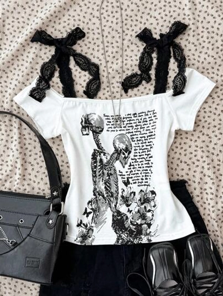 Teen Girls' Casual Black & White Lace Patchwork Bowknot Shoulder Strap Short Sleeve Graphic Tee, Retro Style, Spring/Summer Back To School