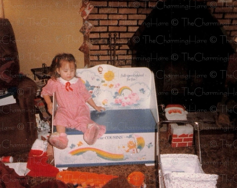 Vintage Photo 1980s Girl in Pajamas with Care Bears Toy Box by Fireplace