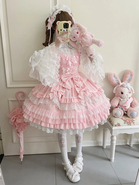 Hime Sweet Lolita Dress Sleeveless Pink Bow Bodice Princess JSK Multi-Layered Dress