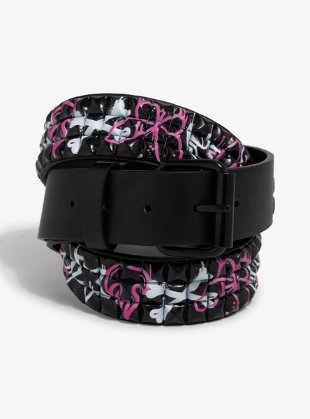 Pink & White Graffiti Three Row Pyramid Stud Belt