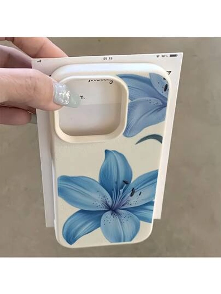 1pc White Leather Texture Floral Pattern Phone Case, Minimalist Blue Flower Design, Personalized Compatible With Apple 16 Pro Max, 15, 14 Plus, 13, 12, 11 Protective Cover Waterproof Shockproof Anti-Fall Scratch Resistant