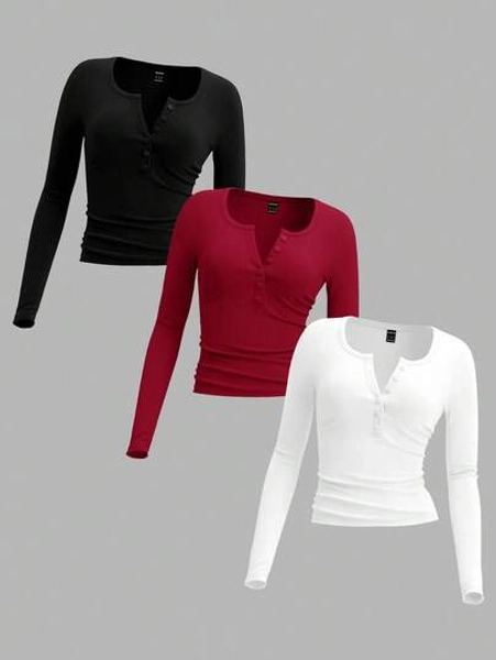 SHEIN EZwear 3Pcs Button Placket Ruched Long Sleeve Casual T-Shirt For Women 3 Pack Tops Long Sleeve Tops Fitted Tops Women Tight Fitted Tops V Neck Tops Women Long Sleeve Tops