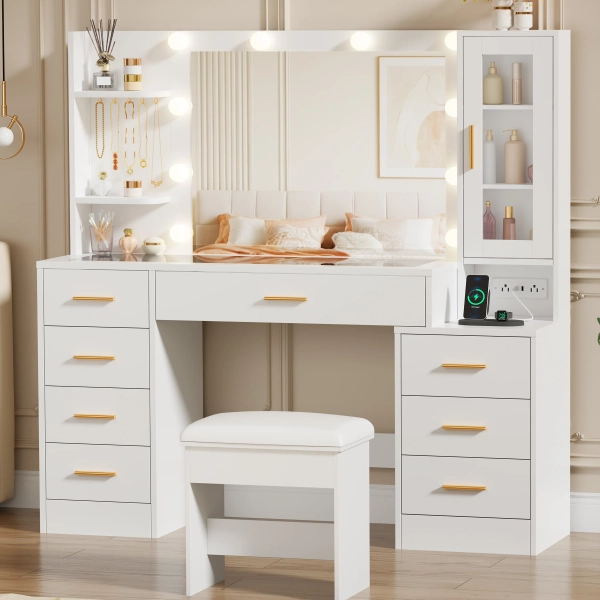 49.2" Makeup Vanity With 8 Drawers & Power Outlet And Glass Top 
