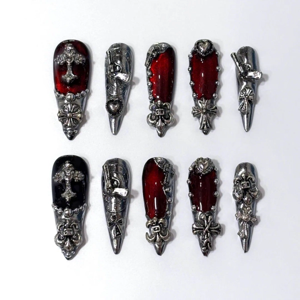 Gothic Vampire Press on Nails: Red, Black & Silver Cross - Handmade - Etsy