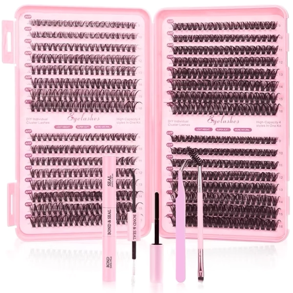 HCUSIHFEW Lash Extension Kit 640pcs Individual Lashes Cluster Eyelash Extension Kit 30D+40D 9-16mm Mixed Color Lashes